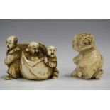 A Japanese carved and stained ivory netsuke, Meiji/Taisho period, modelled as Hotei seated in a bag,