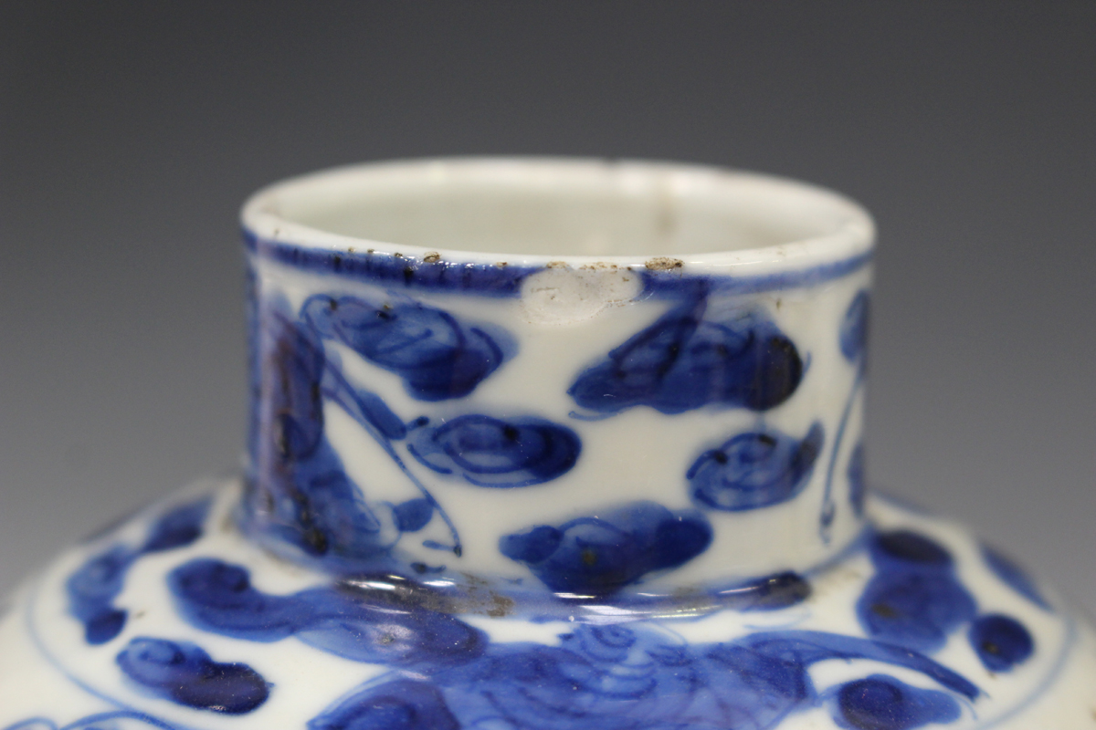 A Chinese blue and white porcelain baluster vase, mark of Kangxi but late 19th century, painted with - Image 13 of 22