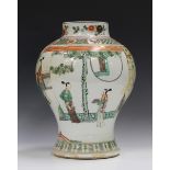 A Chinese famille verte porcelain vase, Transitional style but late Qing dynasty, of baluster