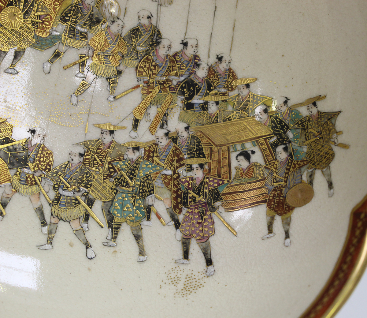 A Japanese Satsuma earthenware circular bowl with scalloped rim, Meiji period, painted to the - Image 7 of 8