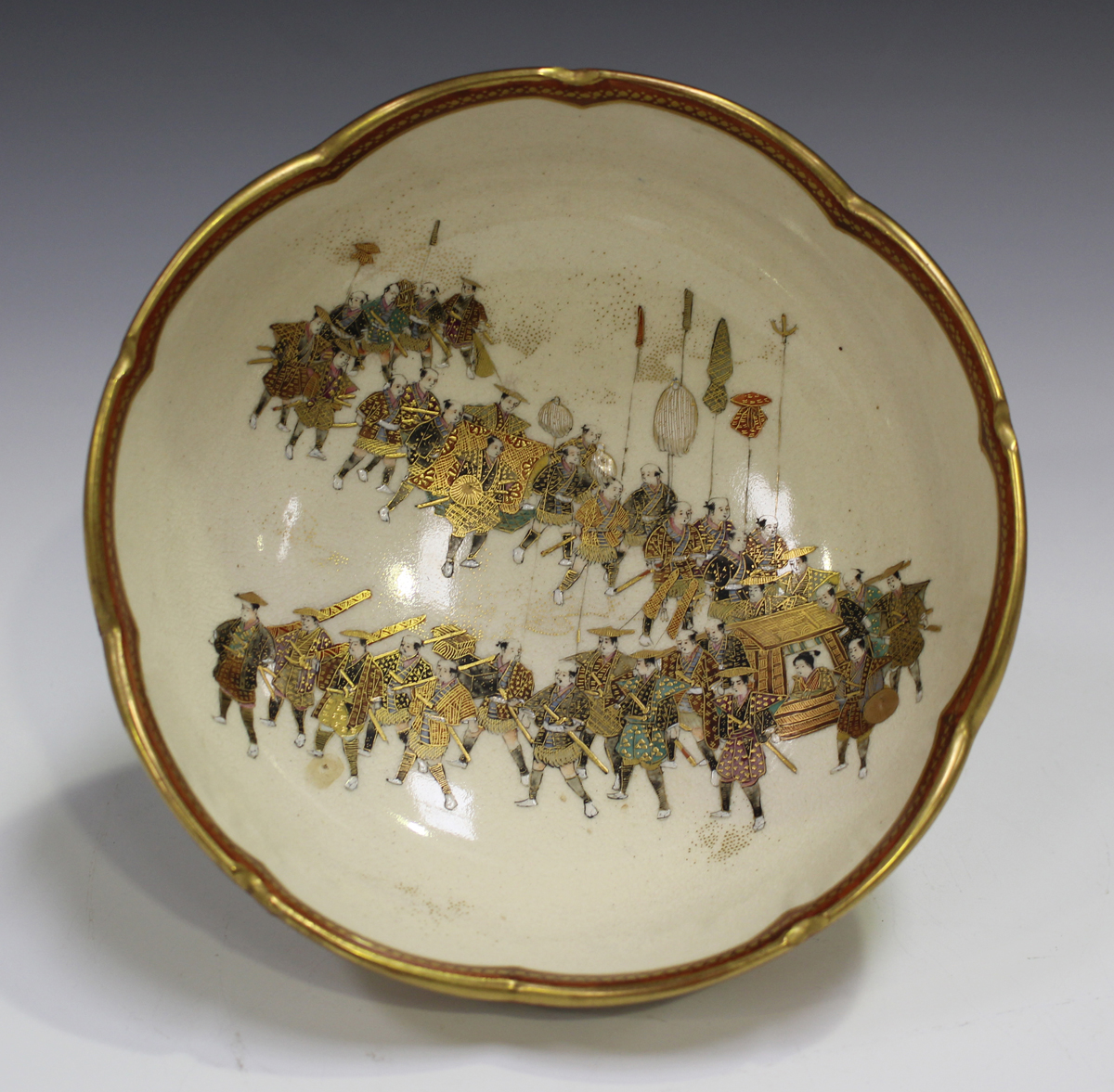 A Japanese Satsuma earthenware circular bowl with scalloped rim, Meiji period, painted to the - Image 8 of 8