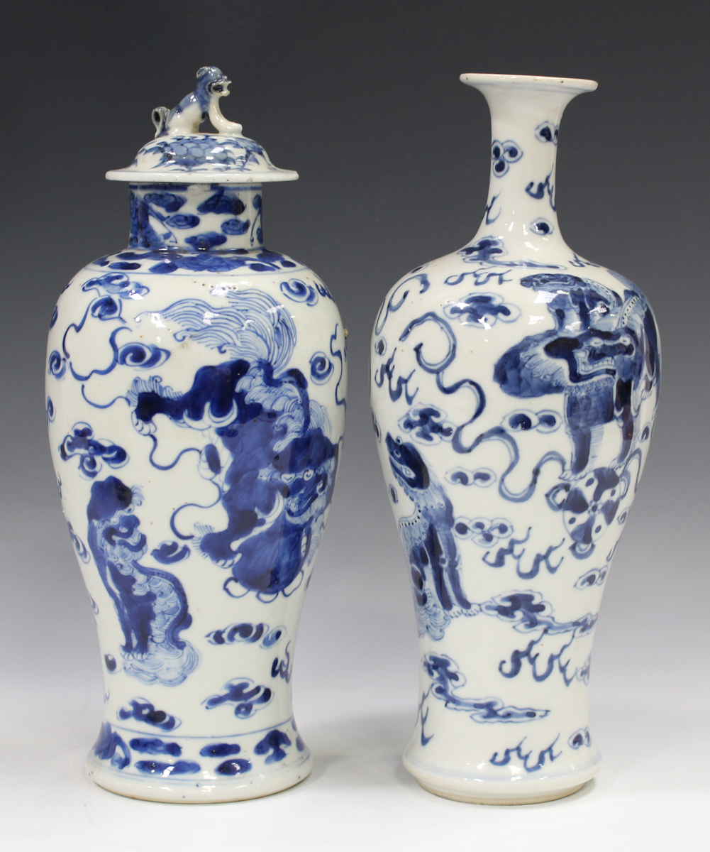 A Chinese blue and white porcelain baluster vase, mark of Kangxi but late 19th century, painted with - Image 20 of 22