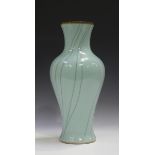 A Chinese pale blue glazed vase of baluster form with iron oxide rim above grey vertical crackle