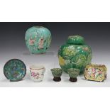 A Chinese famille verte enamelled biscuit porcelain ginger jar and cover, late Qing dynasty, moulded