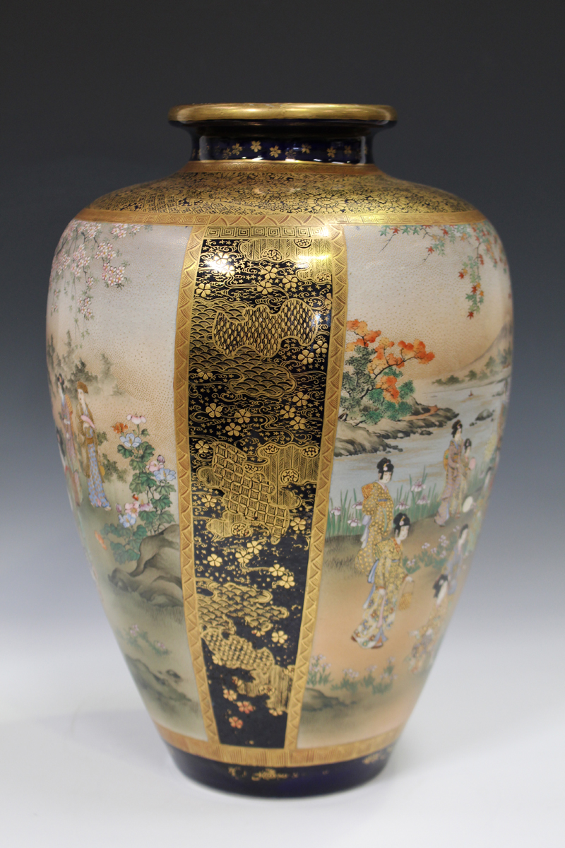 A Japanese Satsuma earthenware vase by Keizan, Meiji period, of stout ovoid form, painted with - Image 9 of 11