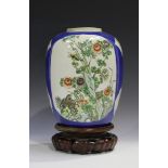 A Chinese famille verte and powder blue ground porcelain vase, late 19th century, of ovoid form,