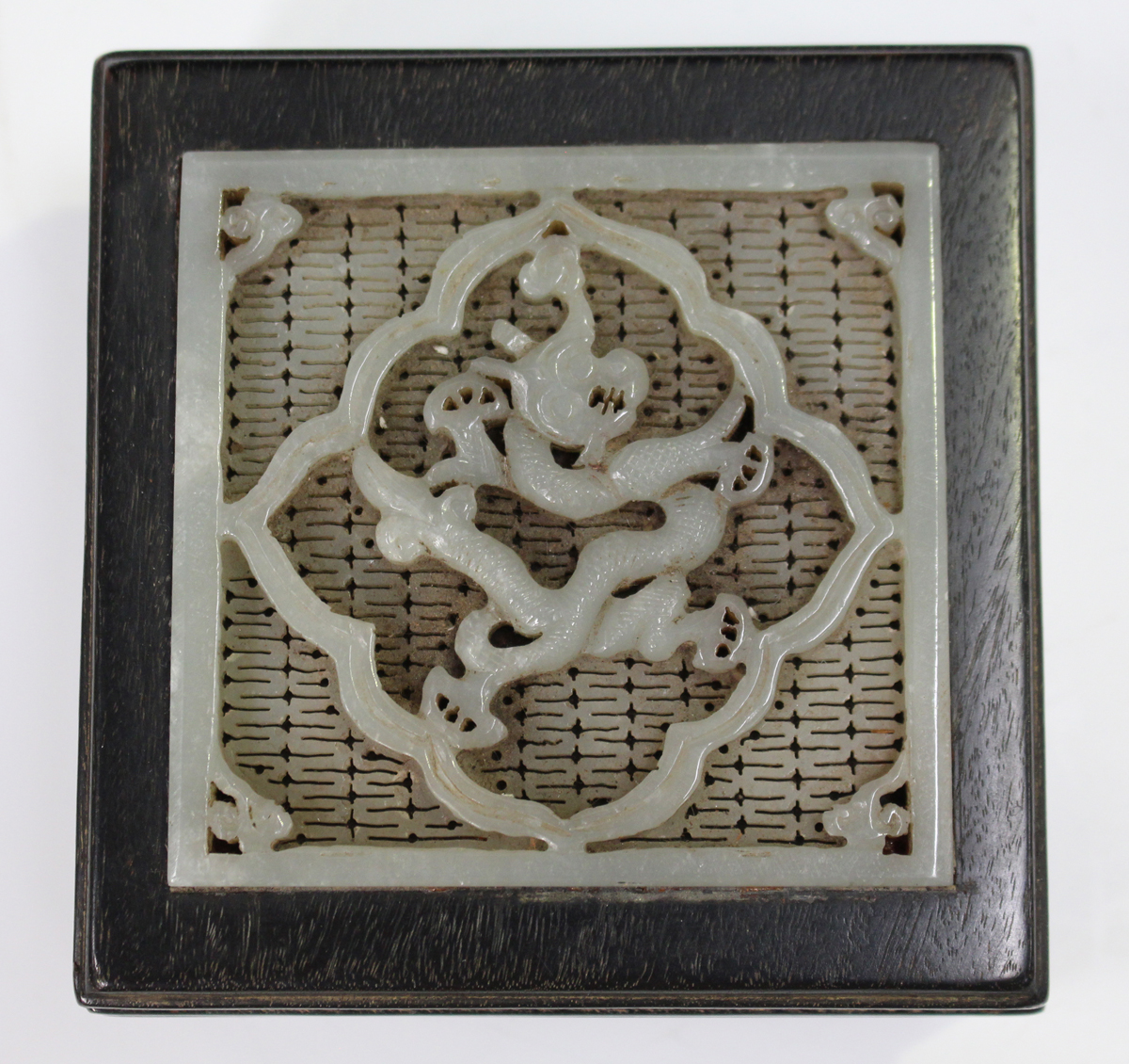 A Chinese pale celadon jade and hardwood box and cover, 20th century, of square form, the cover - Image 7 of 7