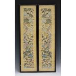 A pair of Chinese silk embroidered sleeve panels, 20th century, worked in coloured threads with