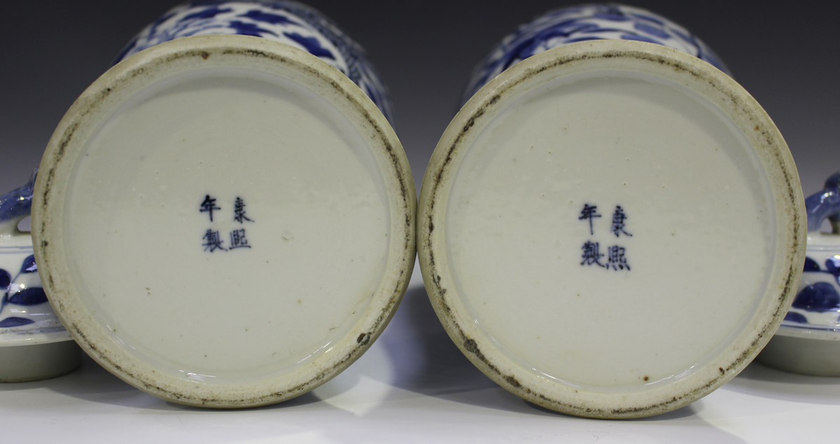 A pair of Chinese blue and white porcelain vases and covers, mark of Kangxi but late 19th century, - Image 14 of 18