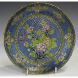 A Chinese plique-à-jour enamel circular dish, late 20th century, decorated with pink and yellow