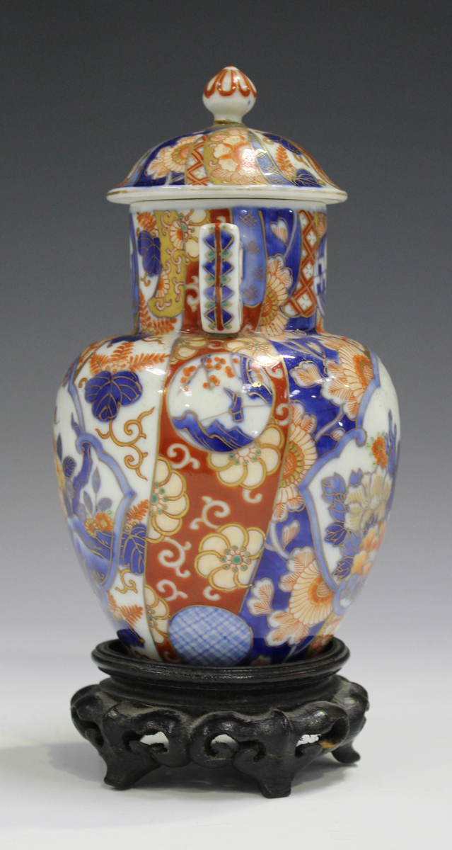 A Japanese Fukagawa Imari porcelain vase and cover, Meiji period, painted with panels of flowers, - Image 9 of 9