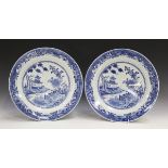 Two Chinese blue and white export style porcelain plates, Qianlong style but 20th century, painted
