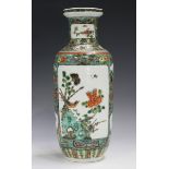 A Chinese famille verte porcelain rouleau vase, probably early 20th century, painted with opposing