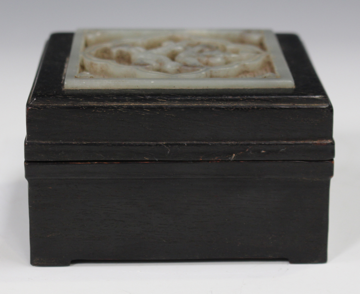 A Chinese pale celadon jade and hardwood box and cover, 20th century, of square form, the cover - Image 3 of 7