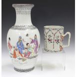 A Chinese famille rose export porcelain cylindrical tankard, late Qianlong period, painted with