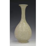 A Chinese pale celadon glazed bottle vase, Song style but probably 20th century, the ovoid body