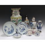 A small group of Chinese porcelain, 18th century and later, including a blue and white plate, Kangxi