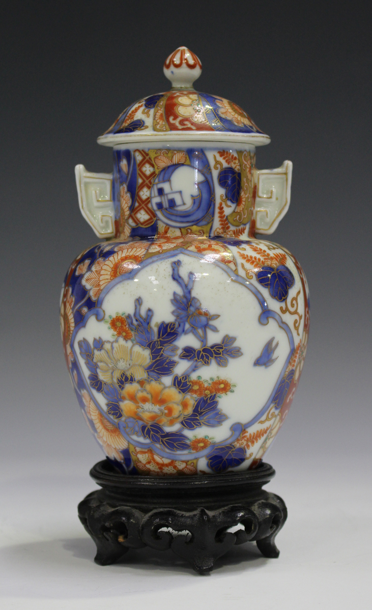 A Japanese Fukagawa Imari porcelain vase and cover, Meiji period, painted with panels of flowers, - Image 8 of 9