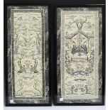 Two pairs of Chinese silk embroidered sleeve panels, early 20th century, each worked in coloured