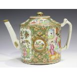 A Chinese Canton famille rose porcelain cylindrical teapot and cover, mid-19th century, painted with