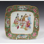 A Chinese Canton famille rose square porcelain dish, mid-19th century, painted with a central