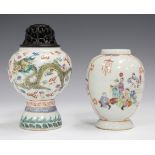 A Chinese famille rose export porcelain tea caddy, Qianlong period, the ovoid body painted with