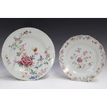 A Chinese famille rose export porcelain circular dish, Qianlong period, painted with flowers,