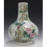 A Chinese famille rose porcelain bottle vase, probably Republic period, painted with two red-