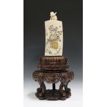 A Japanese Shibayama inlaid ivory tusk vase, cover and wood stand, Meiji period, the tusk finely