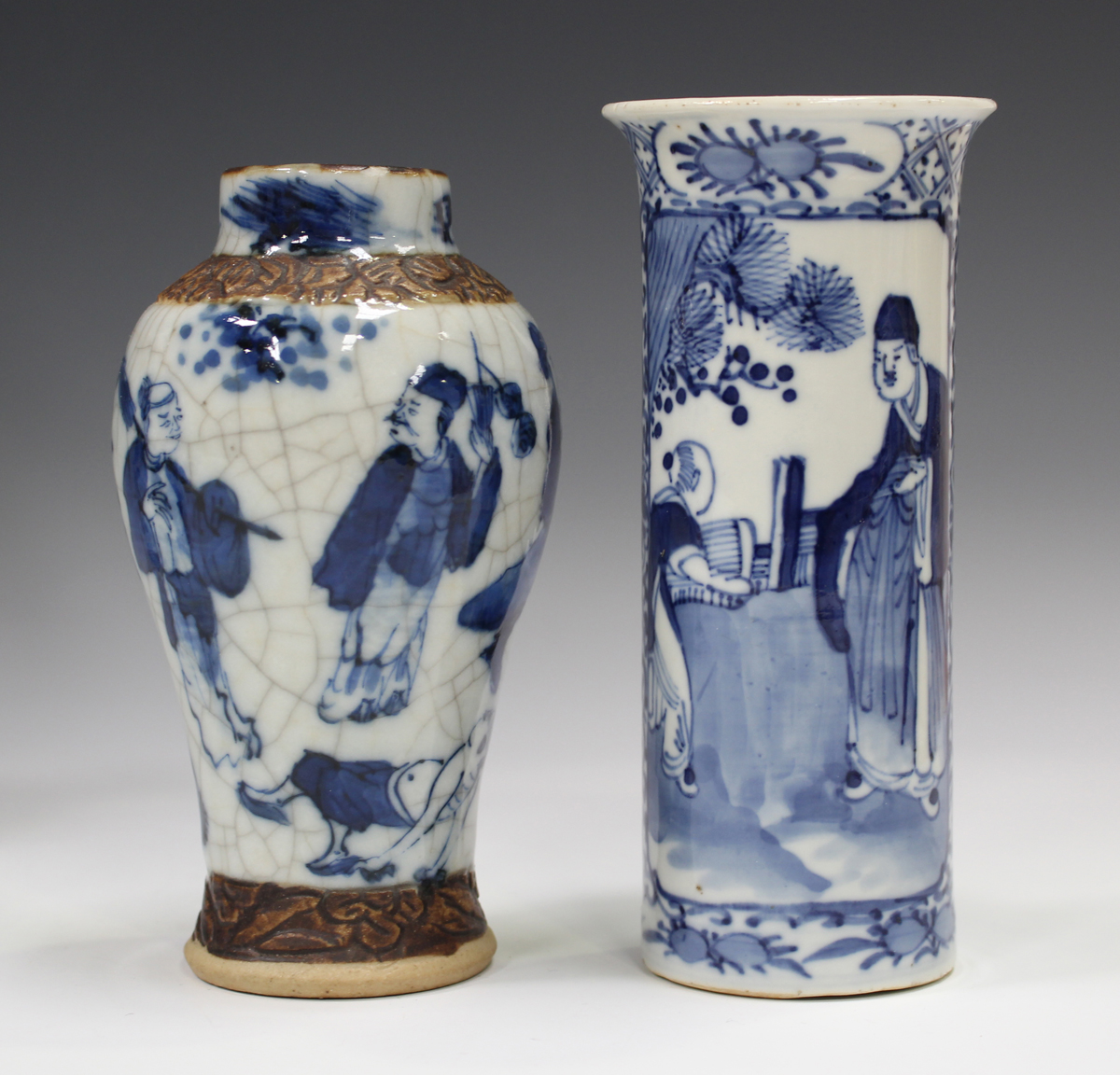 A Chinese blue and white porcelain baluster vase, mark of Kangxi but late 19th century, painted with - Image 7 of 22