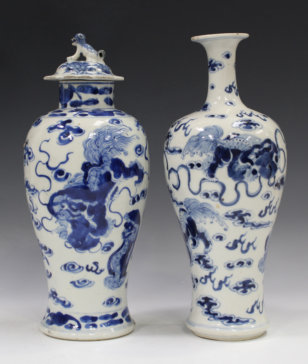 A Chinese blue and white porcelain baluster vase, mark of Kangxi but late 19th century, painted with - Image 22 of 22