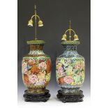 Two Chinese cloisonné vases, late 20th century, each body of swollen cylindrical form beneath a
