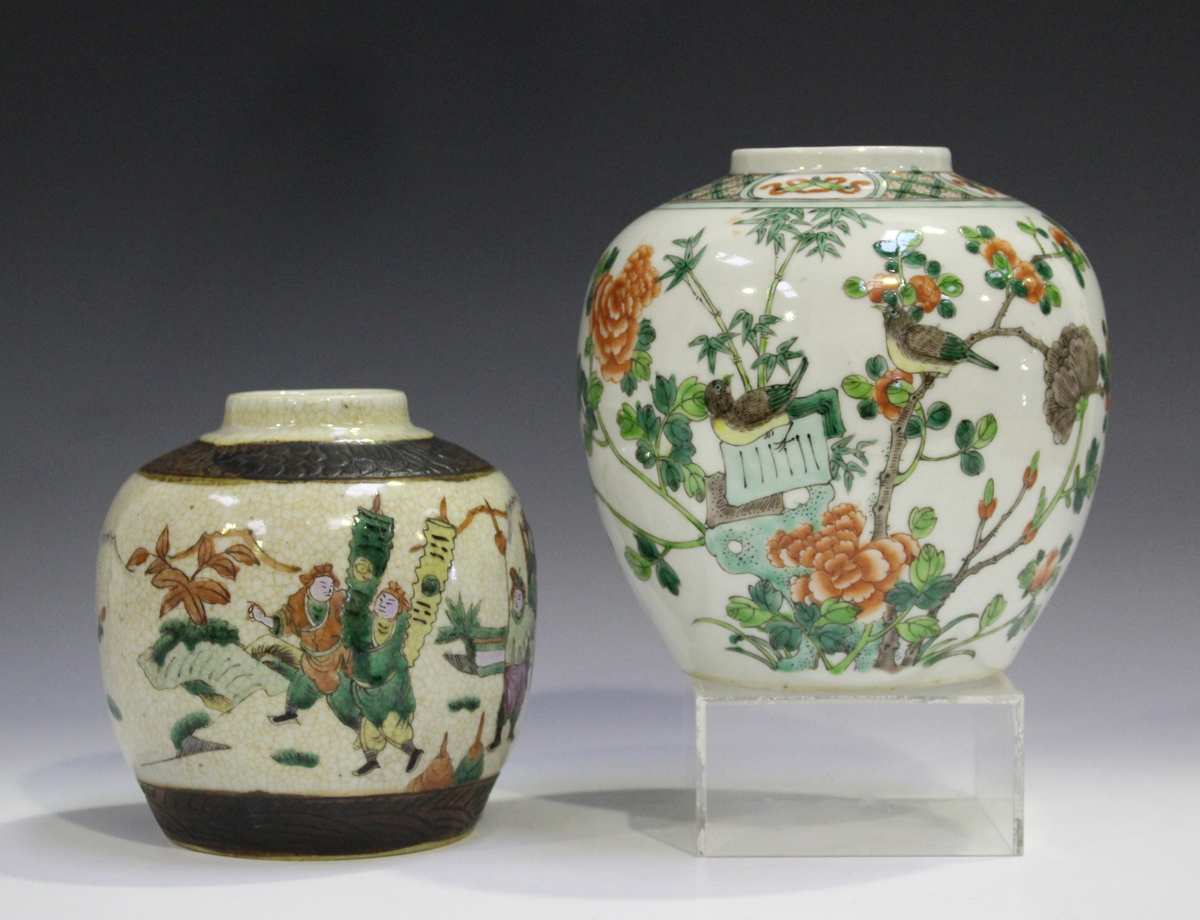 A Chinese famille verte porcelain ginger jar, late Qing dynasty, painted with birds, peonies,