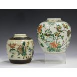 A Chinese famille verte porcelain ginger jar, late Qing dynasty, painted with birds, peonies,