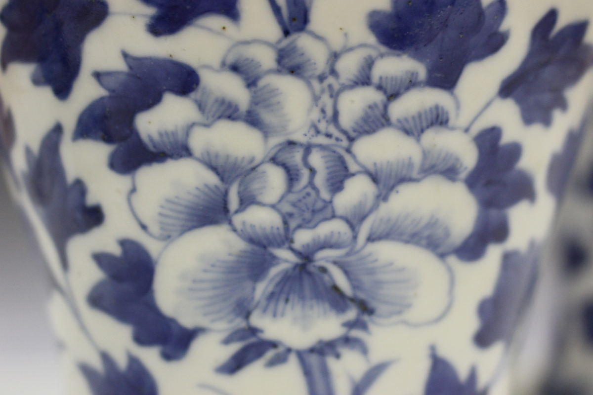 A pair of Chinese blue and white porcelain vases and covers, mark of Kangxi but late 19th century, - Image 8 of 18