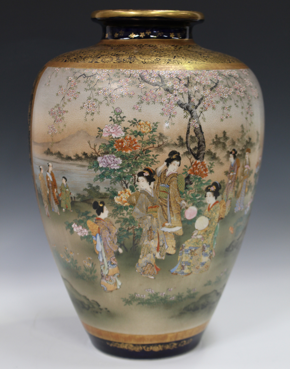 A Japanese Satsuma earthenware vase by Keizan, Meiji period, of stout ovoid form, painted with - Image 10 of 11