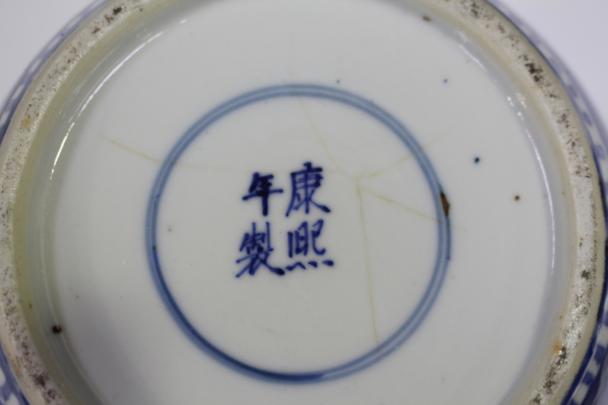 A Chinese blue and white porcelain ginger jar, mark of Kangxi but late 19th century, painted with - Image 13 of 15