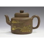 A Chinese Yixing stoneware teapot and cover, probably 20th century, the cylindrical body decorated