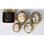 A Victorian gilt metal mounted oval shell cameo brooch, carved as a classical design depicting a