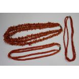 A three-row necklace of graduated branch coral, two two-row necklaces of coral beads, eight mostly