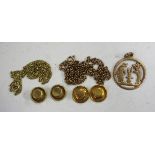 A pair of gold studs, detailed '18ct', another pair of gold studs, indistinctly detailed '9ct', a