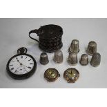 A group of seven silver thimbles, a silver oval mustard, a silver cased gentleman's pocket watch and