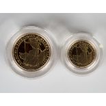 A Royal Mint Britannia gold two-coin proof set 1987, comprising a quarter ounce and a one tenth of