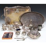 A collection of assorted plated items, including a two-handled tray, an oval gallery tray and a