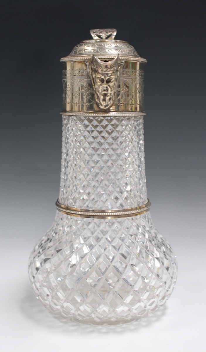 A late Victorian silver mounted cut glass claret jug, the low-bellied body with silver collar, - Image 5 of 5