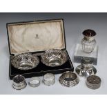 A small group of silver items, including a silver and tortoiseshell lidded glass jar, piqué inlaid