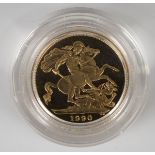 An Elizabeth II proof sovereign 1990.Buyer’s Premium 29.4% (including VAT @ 20%) of the hammer