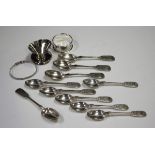 A group of ten silver Fiddle pattern teaspoons, various dates and makers, together with a silver