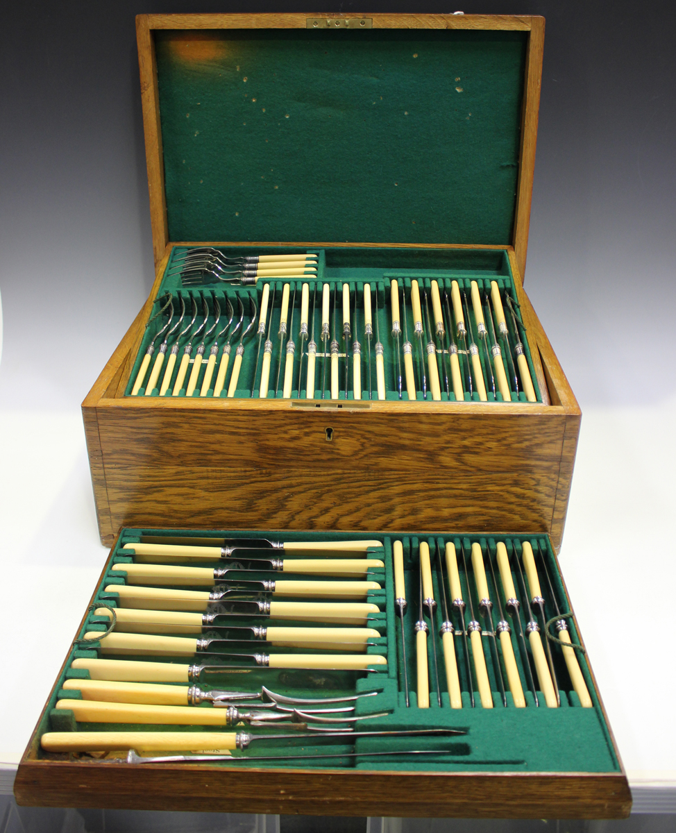 An Edwardian canteen of plated Old English pattern cutlery by Alexander Clark Co Ltd, comprising - Image 2 of 5