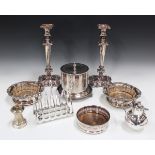 A group of plated items, including a cylindrical biscuit barrel, a pair of 19th century Sheffield